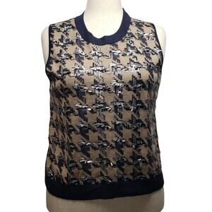 Ann Taylor XL Sequined Houndstooth Sweater Vest Navy Beige Wool Blend Preppy